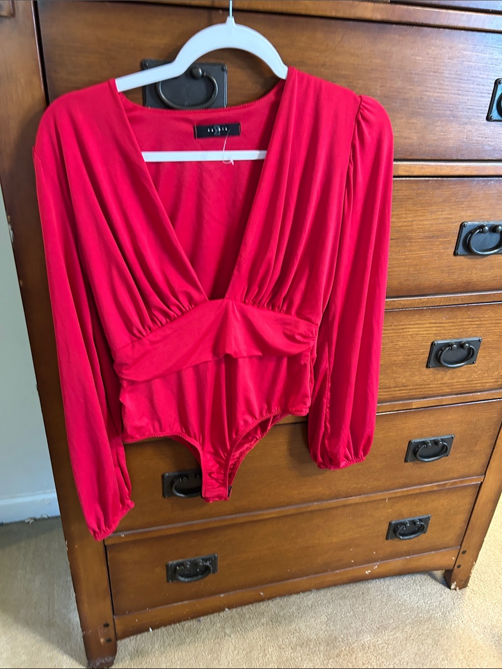 Women's Red Long-Sleeve Surplice Bodysuit